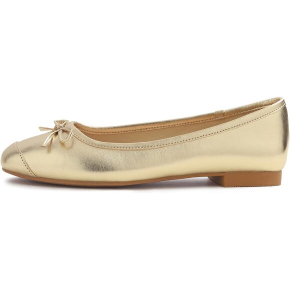 Feversole Women's Gold Plain Toe Cap Synthetic Square Toe Slip On Ballet Flats - Picture 3 of 5